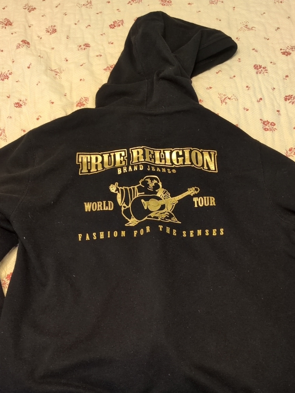True Religion Black Zip-Up Hoodie with World Tour Gold Back Logo